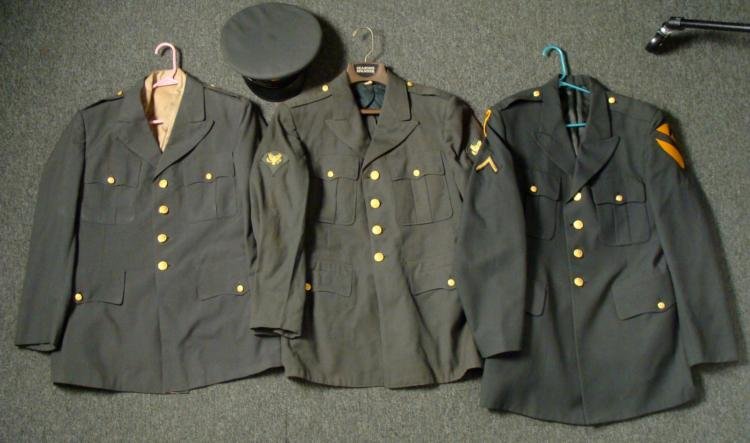 4 PC. U.S. ARMY UNIFORM LOT-3 TUNICS-2 KOREA-1 VIET NAM: 4 PC. U.S. ARMY UNIFORM LOT-3 TUNICS-2 KOREA-1 VIET NAM-& VISOR HATTUNIC SIZES 42R-39R-42L--7 3/8 VISOR-ONE TUNIC HAS 2 PATCHES-1ST CAVALRY & 25TH DIVISION *