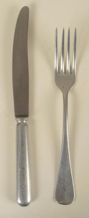 2 Pc WWII Nazi German Vermact Army Cutlery Knife, Fork: This is a 2-piece group of WWII era Nazi Vermact Army cutlery, including a fork and knife. Each has an eagle and swastika, and marked A.W. JrS. 40. The knife is 9 1/4" and the fork is 8". They h