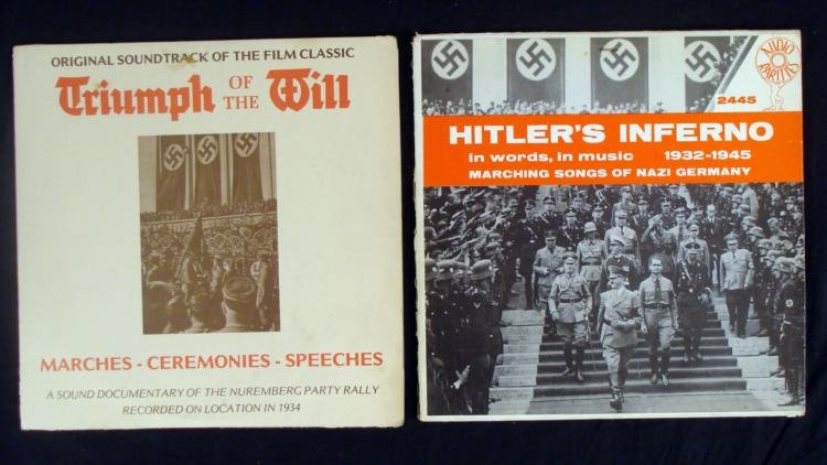 2 LP'S TRIUMPH OF THE WILL SOUNDTRACK & HITLER'S INFERO: OFFERED HERE ARE 2 LP'S, "TRIUMPH OF THE WILL SOUNDTRACK" & "HITLER'S INFERNO". THE RECORDS CONTAIN SPEECHES BY HITLER AND OTHERS, AS WELL AS NAZI SONGS. "TRIUMPH OF THE WILL" IS A SOU