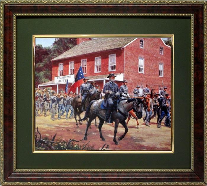 Mort Kustler Civil War Framed Print Gen. Lee Cashtown: This print shows all the fanfare of General Lee and his troops riding into Cashtown, PA on July 1, 1863. * * * * Artist: Mort Kustler * * Title: "Distant Thunder " * Medium: Print on acid free canvas 