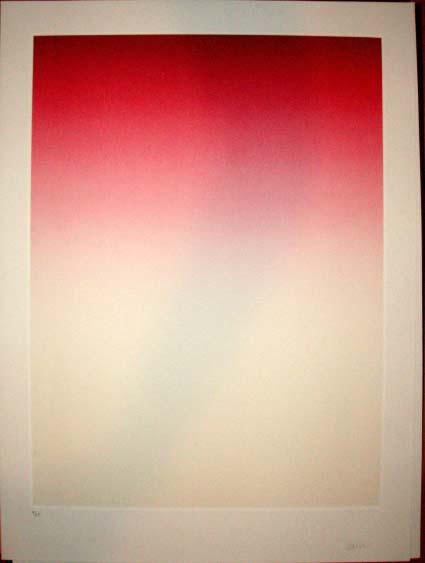 Eric Orr Signed LE Art Print MU 2: A gradiation of red dominates the page of this art print. * Artist: Eric OrrSignature: Signed by the artistTitle: "MU 2"Medium: Etching on paperSize: 30" x 22" Edition: Limited, numberedCondition: Exc