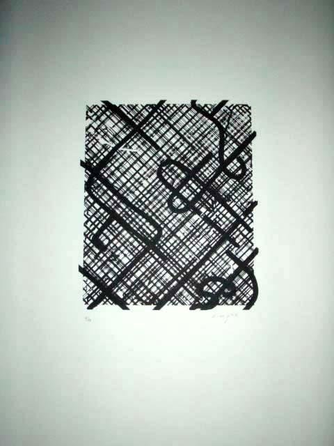 Ed Moses Signed LE Art Print Ricco Trac: This art print is composed with a wandering trail of lines over a cross-hatched background. * Artist: Ed MosesSignature: Signed by the artistTitle: "Ricco Trac"Medium: Lithograph on paperSize: 30" x 2