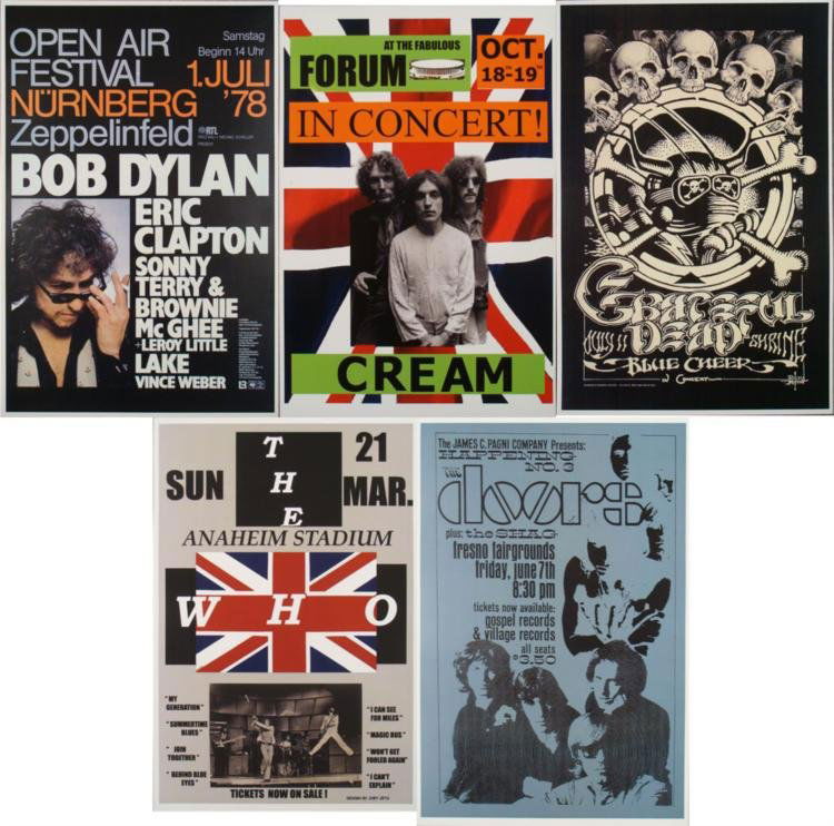 5 Repro Rock Posters- The Doors Bob Dylan Greatful Dead: Here are 5 reproductions of original concert posters from some of the greatest 1960's and 1970s bands.Condition: Excellent Size: 12" x 18" Posters: Bob Dylan featuring: Eric Clapton, Sonny Terry &