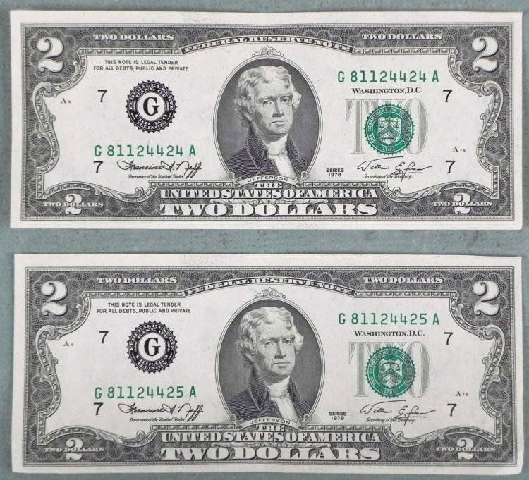 2 1976 UNC $2 Two Dollar Bills Notes Sequential G Mint: 2 Sequential 1976 $2 Two Dollar Bills * Mint mark: G (Chicago)Condition: Uncirculated