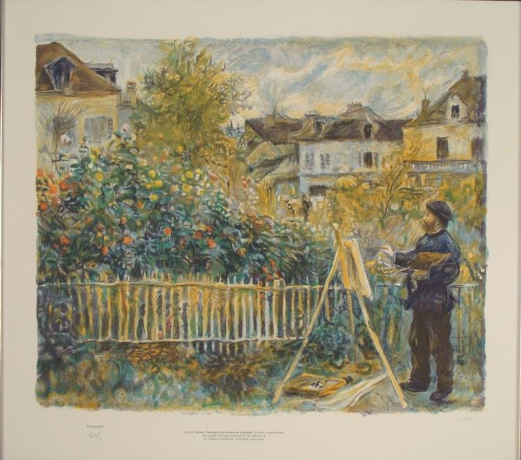 Monet Painting in the Gardens Renoir Art Print 1st Ed: Done after Monet, this artwork is by another master, Renoir, who captures the Impresssionist's spirit of inspiration found in a coloful garden.Artist: Pierre Auguste RenoirTitle: "Done After Monet, Pa