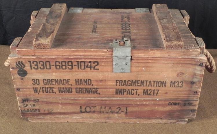 WWII WOOD CRATE FOR HAND GRENADES-LOT MA-2-1. ROPE: WWII WOOD CRATE FOR HAND GRENADES-LOT MA-2-1. ROPE HANDLES, LATCH * GREAT DISPLAY ITEM * Dimensions: 9 1/2" x 11" x 19 1/2" *