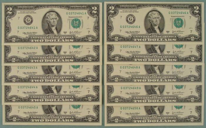 (10) Consec# 2003A $2 Notes Two Dollar Chicago Bills CU: (10) 2003-A $2 Notes * Mint mark: G (Chicago) Grade: Crisp Uncirculated The dollars you see pictured are different from the ones you will receive *