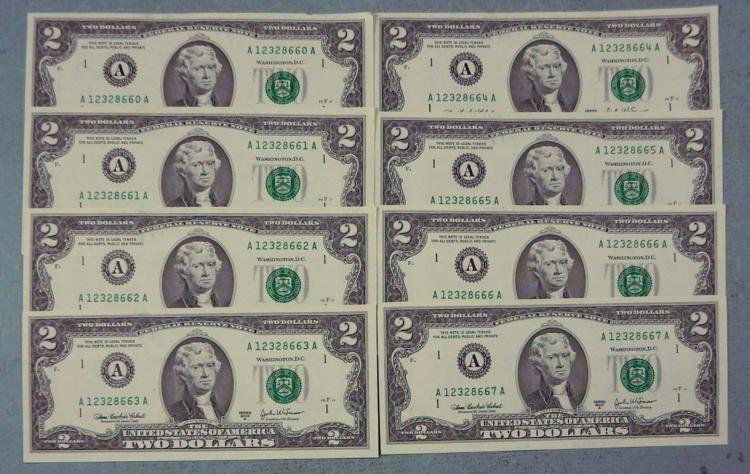 8 Consec # CU 2003 A $2 Bills Notes Boston Mint: (8) 2003-A $2 bills, with consecutive serial numbers * Mint mark: A (Boston) Grade: Crisp Uncirculated
