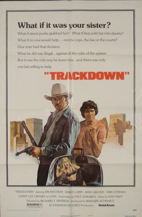 Trackdown Original 1 Sh Movie Poster James Mitchum: Here is an original poster from the 1976 movie Trackdown. James Mitchum is a Western gunslinger against the New York street punks, and this poster puts him front and center. Size: 27 x 41 inches (one