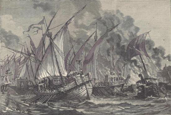 ORIGINAL Antique PRINT scene-BATTLE OF THE MASTS: ORIGINAL Antique PRINT scene-BATTLE OF THE MASTS (NOT A REPRODUCTION) that was createdand produced, using a wood cut (Scene carved out of a wood block). One of several that were found in an 1858 S