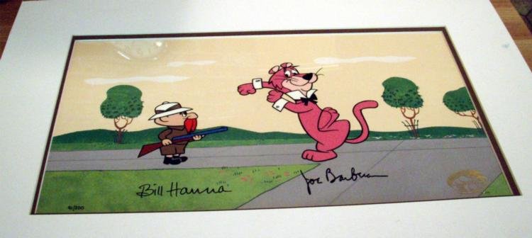 Hana and Barbera Signed Animation Cel Exit Stage Left: Artist: Bill Hana and Joe Barbera * Title: Exit Stage Left * Original Animation Cel * Overall Size: 16" x 23" * Signature: Signed by artistsCondition: ExcellentBiography * Hanna-Barbera was one of the