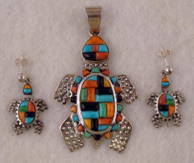 STERLING TURQUOISE OYSTER TURTLE EARRING & PENDANT SET: .999 STERLING TURTLE SHAPED EARRING & PENDANT SET * Gemstones: TURQUOISE AND SPINY OYSTER SHELL Size: Approximately 2 inches tall pendant, and 1 inch tall earringsRetail price: $600