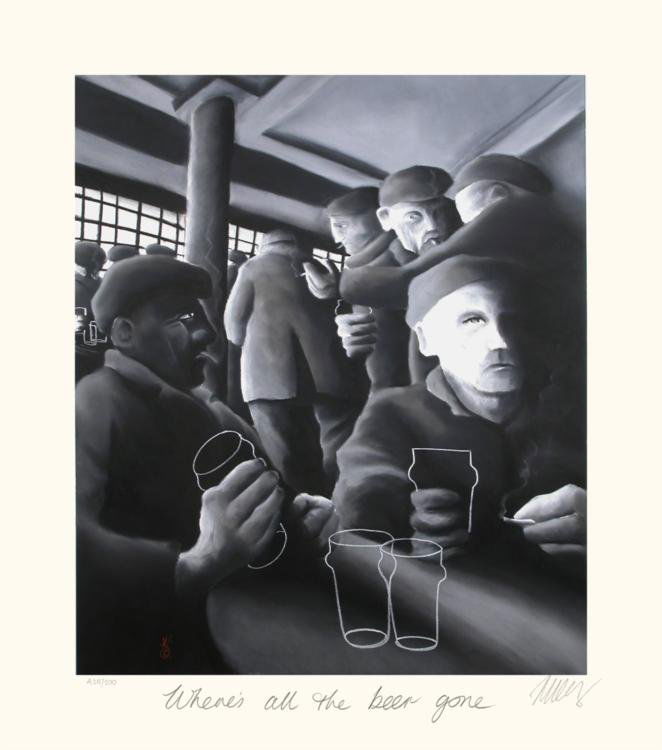 Mackenzie Thorpe 'WHERE'S ALL THE BEER GONE' Lithograph: Artist: Mackenzie ThorpeTitle: Where's All the Beer GoneMedium: Lithograph on PaperOrientation: verticalImage Size: 13 x 16 inchesPaper Size: 17.25 x 20.25 inchesEdition Size: 200: Signed by the artis