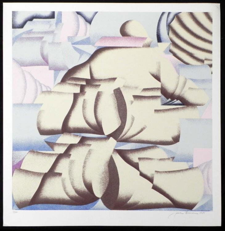 Jack Brusca Signed Art Print Abstract 1978: This abstract art print appears to show a figure walking along, slipping into layers of geometric shapes. * Artist: Helen HayseSignature: In pencil, lower rightEdition: Limited, numbered 3/200, lower