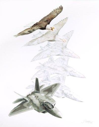 Metamorphosis VII: Dominant Raptor Jody Sjogren: Inspired by the majestic power of the Bald Eagle and the technological wonders of the F-22 Raptor, artist Jody F. Sjogren captures the association between these two "dominant raptors" of the skies. Wh