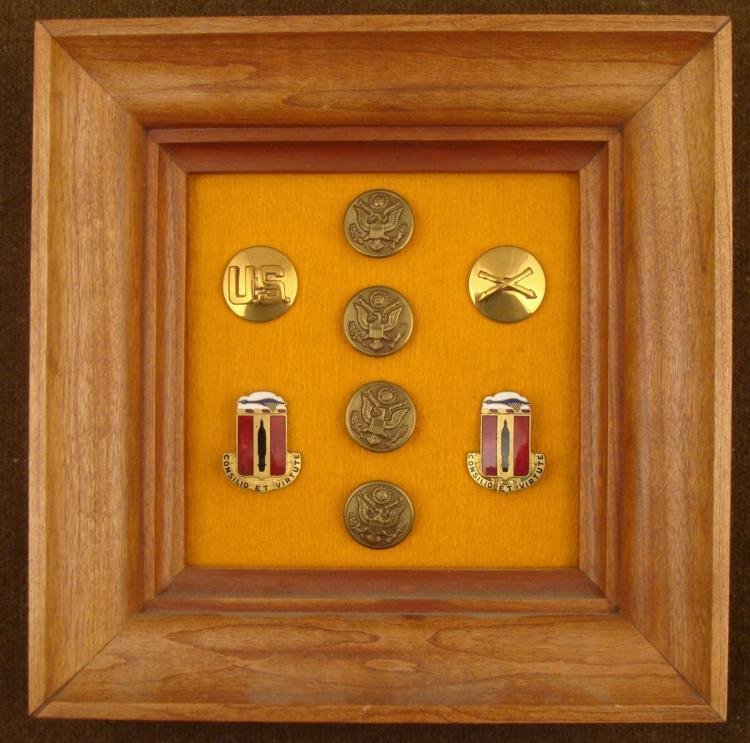 WWII MOUNTED U.S. ARMY CAVALRY INSIGNIA DISPLAY FRAMED: OFFERED HERE IS A PROFESSIONALLY MOUNTED, WWII, U.S. ARMY CAVALRY INSIGNIA DISPLAY IN A WOOD FRAME. THIS IS A WELL MADE DISPLAY, INCLUDING ALL WWII INSIGNIA COLLAR DEVICES (ARTILLERY), DISTINCTI
