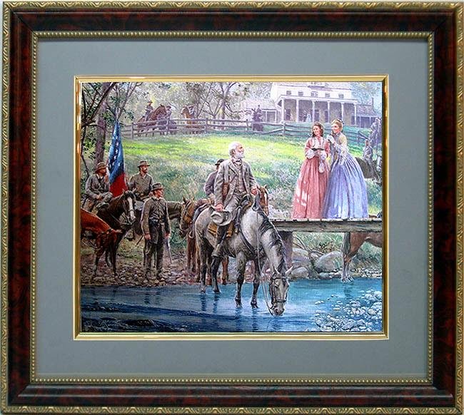 Mort Kustler Civil War Print Framed General Lee Bel Air: This art print shows General Lee, in Front Royal, Virginia, July 22, as admiring women welcome him and the soldiers. * * * Artist: Mort Kustler * * Title: "The Autograph Seekers of Bel Air" * Medium: 