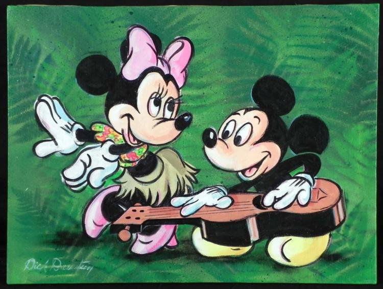 Dick Duerrstein Orig Painting Mickey, Minnie Mouse Hula: Mickey Mouse plays a little Hawaiian guitar for Minnie, who is practicing her hula dancing. This tropical scene was created by artist Dick Duerrstein who knows how to bring Mickey Mouse and friends to