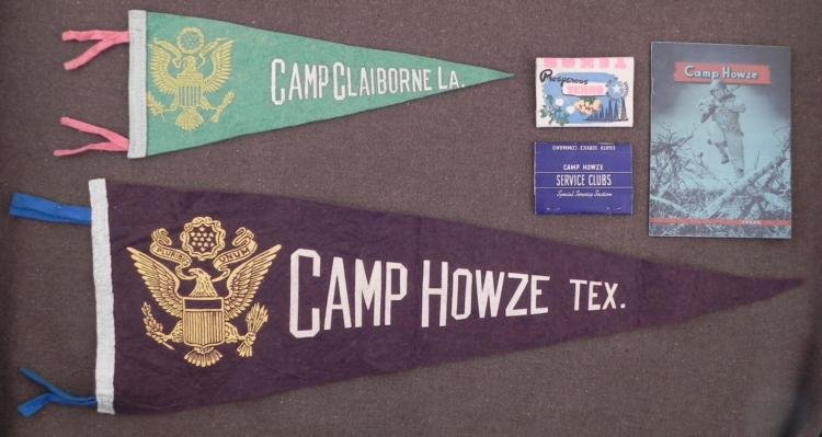 WWII USAAF TRAINING CAMP "CAMP HOWZE, TEXAS" LOT: WWII USAAF TRAINING CAMP "CAMP HOWZE, TEXAS" LOT + CAMP CLAIBORNE, LA PENNANT * CAMP HOWZIE BOOK, PENNANT,BOOK MATCHES (2) & CAMP CLABORNE, LA PENNANT *