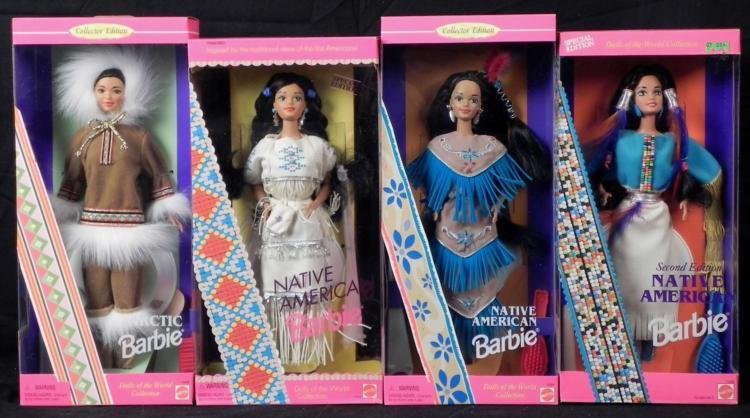 4 Barbies Arctive, Native American, Indian MIB: Here are four Native Barbies from the Arctic down to the Americas. They are from the Dolls of the World collection, and include: * Arctic Barbie, with brush for the fur on her coat.Native American Bar