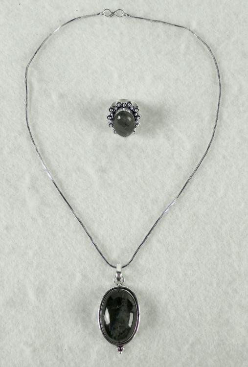 Labradorite 2 Pc Sterling Ring & Pendant Necklace Set: Ring & Pendant Necklace Set * Gemstones: LabradoritePendant: 1 1/4" tall, on sterling setting, on 17" chainRing: 1", on sterling setting with beaded borderCondition: Excellent