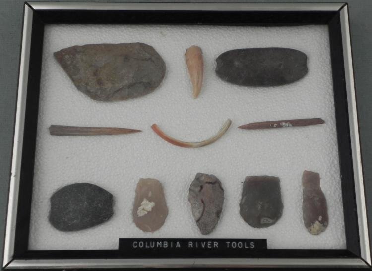 11 Columbia River Tools Indian Artifacts in Frame: 11 Columbia River Tools * * Types: Sinker, bear tooth, hide scraper, bowne awl, beaver tooth, scraper, knife, turtle back scraperComposition: Flint, bone, tooth, and woodLength: 2" to 4"Display: In bl
