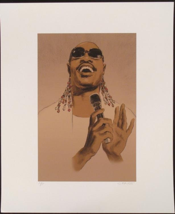 Clifford Faust Signed Stevie Wonder Motown Art Print: Stevie Wonder has always brought bright emotional projection from his music, and this artwork captures him on a high note. Artist: Clifford Faust Title: Stevie WonderSignature: In pencil, "C FAUST," l