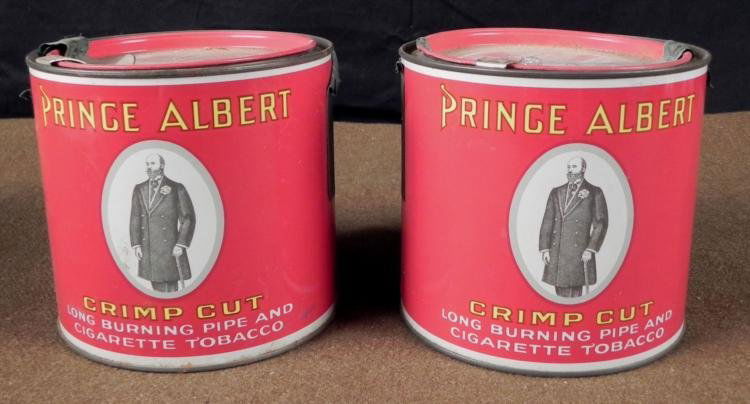 1926 PRINCE ALBERT CRIMP CUT BURNING PIPE TOBACCO CANS: OFFERED HERE IS A PRINCE ALBERT CRIMP CUT LONG BURNING PIPE & CIGARETTE TOBACCO CANS; 1926 TAX SEALS. THEY ARE 5" IN DIAMETER & 5" TALL. * *