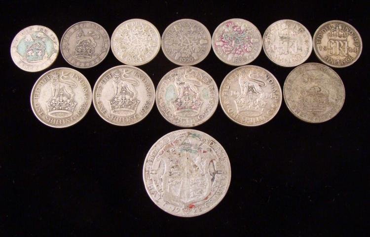 1 Lot 13 Great Britain Silver Coins Crown, Shil 1922-36: 1 Lot 13 Great Britain Silver Coins * Crown1927 * One shilling1922, 1932, 1935, 1936, 1943 (x2) * Six pence1921, 1924, 1928, 1929, 1935, 1936