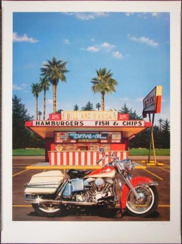 James Gucwa BILL & WANDA'S Retro Harley Motorcycle Art: Offered here is a super mixed media print on paper by Official Harley-Davidson Fine Artist James "Kingneon" Gucwa! * Title "King & I" * Multi-media on paper * 24½ ×33 * Numbered from a li