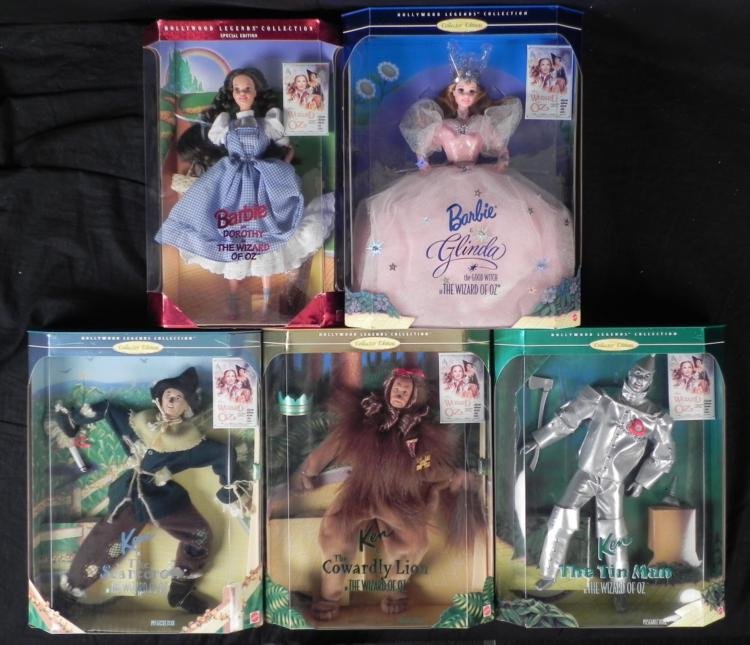 5 Barbies, Ken Dolls Wizard of Oz Dorothy, Glinda MIB: Here are 5 dolls from Barbie's Hollywood Legends Collection, dressed as the characters from the magical movie "The Wizard of Oz." Barbie as Dorothy Special Edition, with TotoBarbie as Glinda the Good
