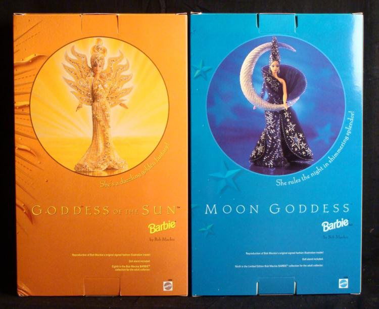 2 Barbies Goddess of the Sun & Moon Bob Mackie MIB: These are two fashion barbie dolls from the Bob Mackie's original collection, and they have never been removed from the boxes. * * Goddess of the Sun barbie: She's a dazzling golden fantasy! * Moon Go