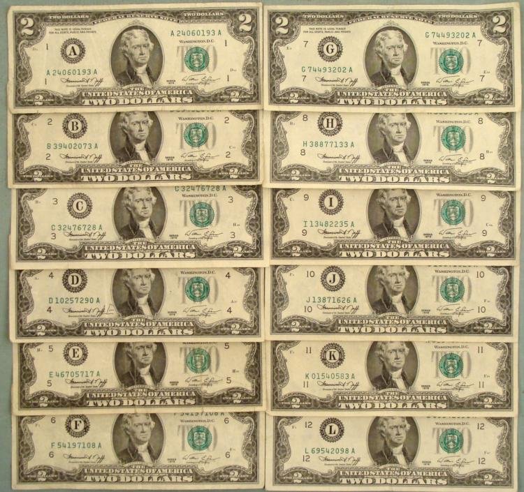 Complete Set 12 All Mint Marks 1976 $2 Bills Notes UNC: Complete Collection with All 12 Mint Marks of the 1976 $2 bill * Condition: Uncirculated Mint marks: A, B, C, D, E, F, G, H, I, J, K, L *