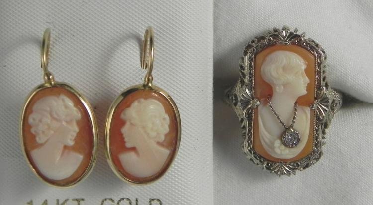 14K Gold & Diamond Cameo Earrings and Ring Set: This set features a pair of earrings and a ring, all 14K yellow gold, and all with classic cameo designs. These cameos are genuine shells, hand-carved with fine detail. The earrings have cameos about 