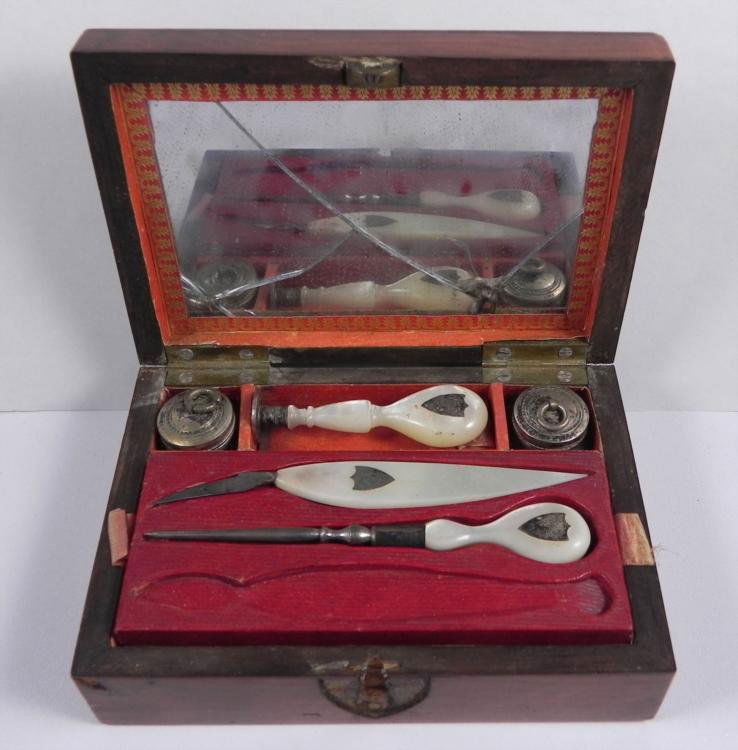 Antique Wax Seal Letter Set in Box: Here is an Antique Wax Seal set in the original box. Included are three tools, all with white pearlescent handles and inlaid metal shields, and two glass bottles with metal lids. One tool appears to b