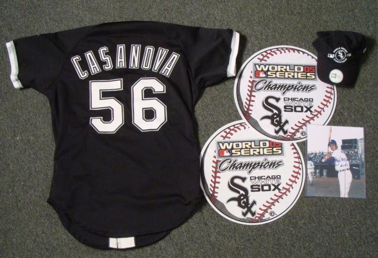 Chicago White Sox Lot - Game Worn Casanova Jersey Hat: The new look White Sox are looking to bounce back after another losing season. Offered here are game-worn Chicago White Sox game-worn jersey, a hat, and two pennants. The jersey is from Wi
