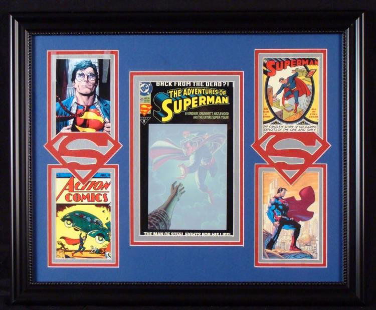 Superman #11 Comic Book 1993 + 4 Pics Custom Framed: This adventurous, framed display consists of a classic Superman comic book and four pictures, all custom framed and matted. The issue is DC #11, with a terrific, ghostly cover. Everything is triple ma