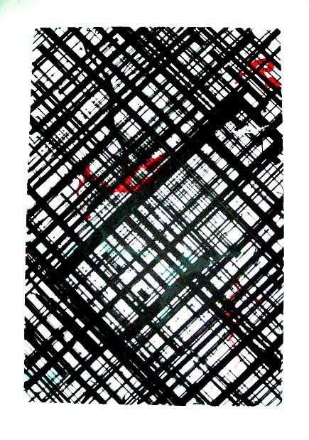 Ed Moses Signed LE Art Print Untitled 5: This print has black cross-hatching with red streaks and sutble green. * Artist: Ed MosesSignature: Signed by the artistTitle: "Untitled 5"Medium: Lithograph on paperSize: 33" x 25.25" Edition: Limite