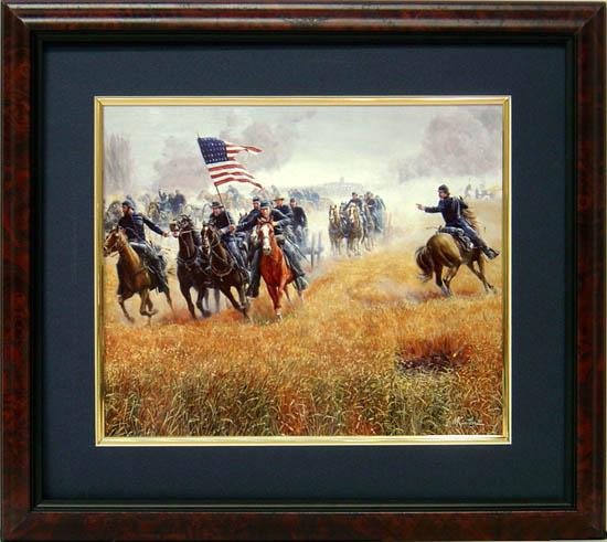 Mort Kustler Civil War Framd Print Dilger at Gettysburg: This exciting Gettysburg battle scene features German immigrant Hubert Anton Casimir Dilger fighting for the Union Army. * * * * Artist: Mort Kustler * * Title: "Dilger At Gettysburg" * Medium: Print 