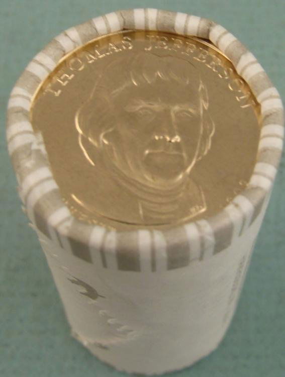 1 Bank Roll 2007-D UNC Jefferson Presidential Dollars: This is an original bank wrapped roll of 2007-D Thomas Jefferson Dollars. It is the third in the Presidential dollar series. * Condition: Mint, Gem uncirculatedNote: Roll you receive may look slightly