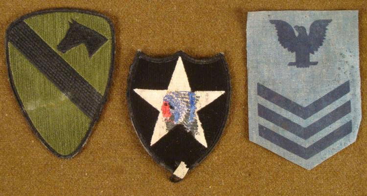 3 U.S. PATCHES 1ST CAVALRY CHIEF PETTY OFFICER NAVY: HERE ARE THREE U.S. PATCHES 1ST CAVALRY, CHIEF PETTY OFFICER NAVY & 2ND ARMY DIVISION. THEY SHOW WEAR AND ARE OF LARGE FORMAT. *