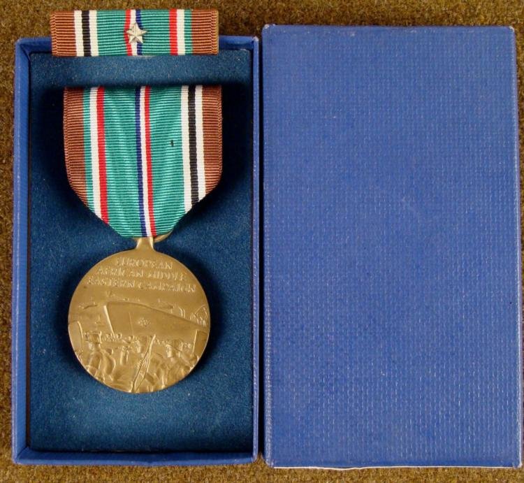 WWII EUROPEAN & MIDDLE EASTERN CAMPAIGN MEDALW/RIBBON: WWII EUROPEAN & MIDDLE EASTERN CAMPAIGN MEDAL W/RIBBON & RIBBON BAR-BOXED * RIBBON BAR HAS SILVER STAR *