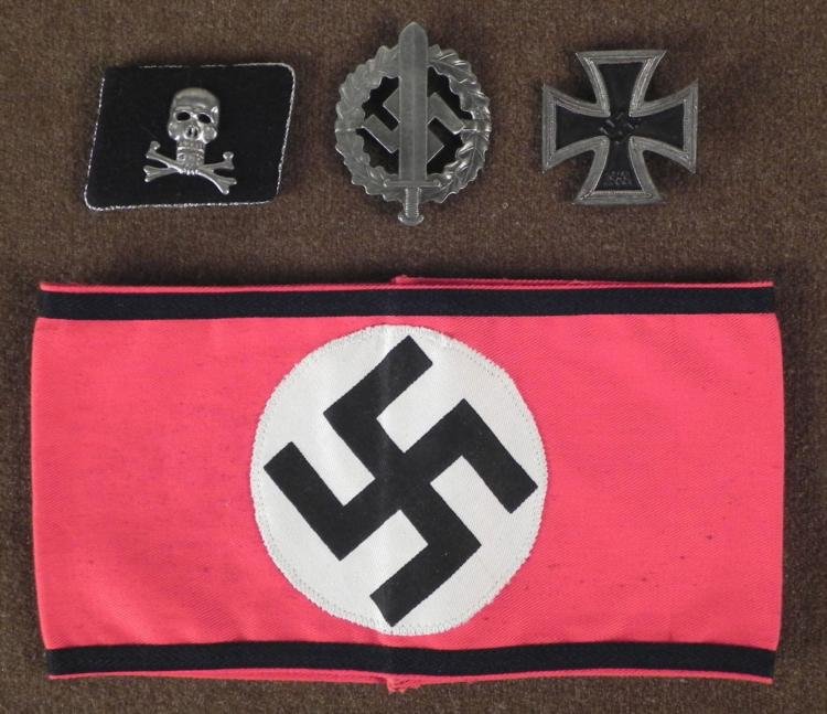 WWII NAZI REPRODUCTION LOT: SS ARMBAND, IRON CROSS 1ST-: WWII NAZI REPRODUCTION LOT: SS ARMBAND, IRON CROSS 1ST-SA SPORTS BADGE-SS COLLAR TAB * *