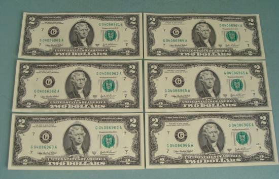 (6) 2003 A $2 Bills Consecutive # Notes G Mint Chicago: (6) 2003 $2 bills with Consecutive serial numbers * * Mint mark: G (Chicago) * Note: Serial Numbers you receive may be different from the ones pictured