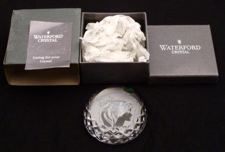 Waterford Crystal Barbie Doll Paperweight MIB Rare: Waterford Crystal produced this special paperweight to commemorate Barbie's 35th anniversary in the early 1990 s. This fine crystal domed piece has a lovely image of the original Barbie doll. It is in