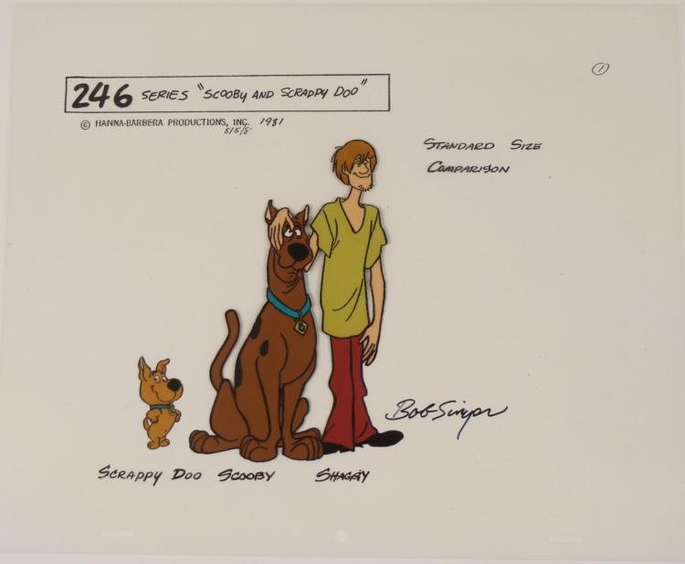 Scooby+ Scrappy Doo Signed Orig Model Cel Animation Art: This is an original production animation model cel from the television series "Scooby Doo". * Here are Shaggy, Scooby, and his nephew Scrappy Doo, all pictured side by side to give the animator