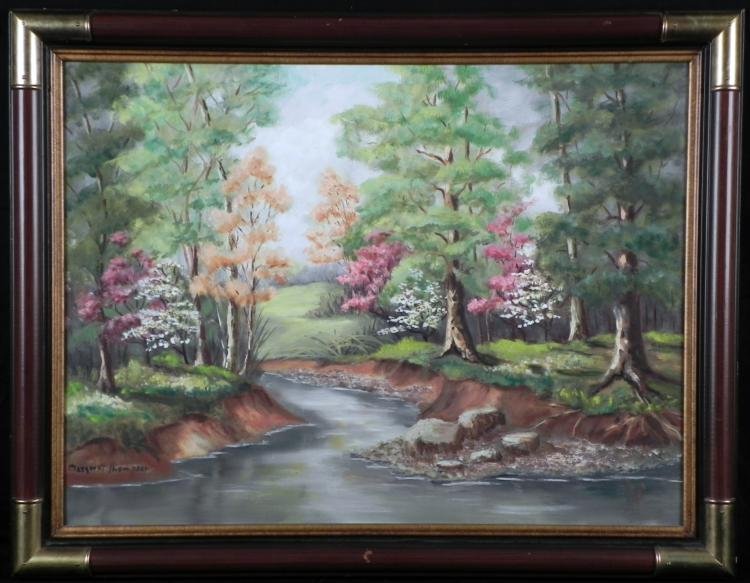 Margaret Thompson Original Painting Framed Meadow: A lush meadow is portrayed in this lovely painting, with flowering trees and brook at the edge of a pond. * Artist: Margaret Thompson Signature: Lower rightMedium: Acrylic on boardImage size: 17 1/2 x