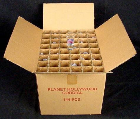 Planet Hollywood FRANKFURT Germany Shot Glass Case/144: This is a case of 144 shot glasses from Planet Hollywood Frankfurt (Germany). They are in mint condition, and come in the original box. These shots are now rare, because the location is no longer open