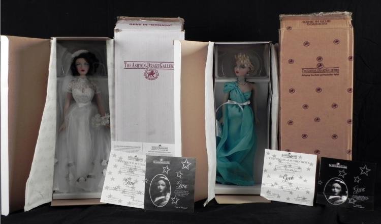 2 Gene Dolls 15" Blue Goddess Monaco Bridal MIB: Here are two 15 inch Gene dolls, both in mint condition in the original shipping boxes. They were designed by Mel Odom for Ashton-Drake Galleries. Each is a limited edition, and includes a hand number