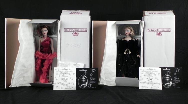 2 Gene Dolls 15" Red Venus, Premiere MIB: Here are two 15 inch Gene dolls, both in mint condition in the original shipping boxes. They were designed by Mel Odom for Ashton-Drake Galleries. Each is a limited edition, and includes a hand number